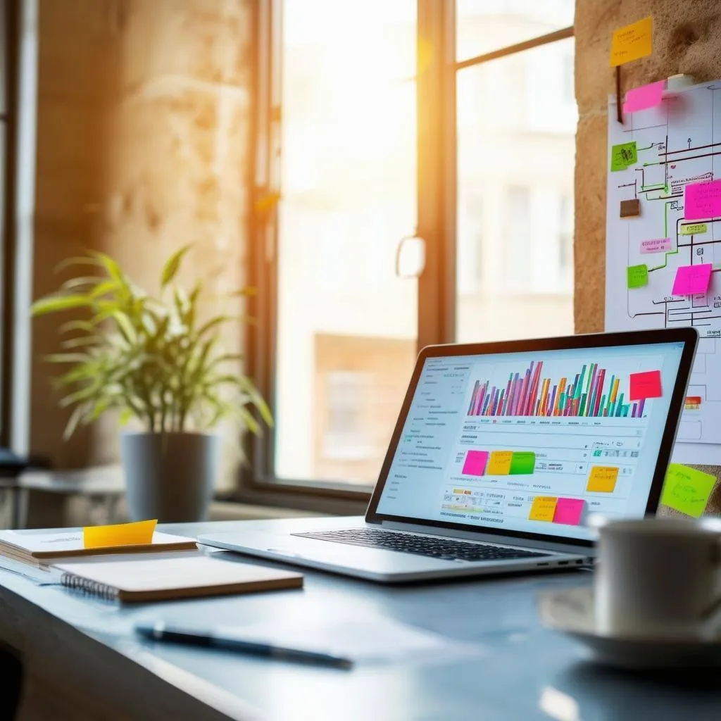 Laptop showing a colourful sales dashboard on a desk, with a process diagram and sticky notes pinned to the wall behind it