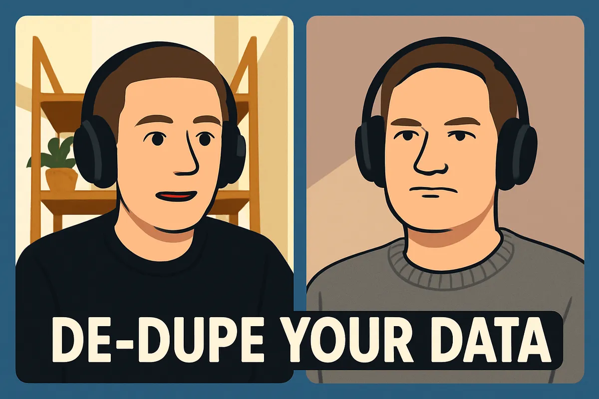Illustration of two people wearing headsets on a video call, with the caption De-dupe your data