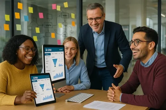 A team of office colleagues gathered around a desk with a CRM dashboard on screen, with sticky notes and a workflow diagram on the glass wall behind them
