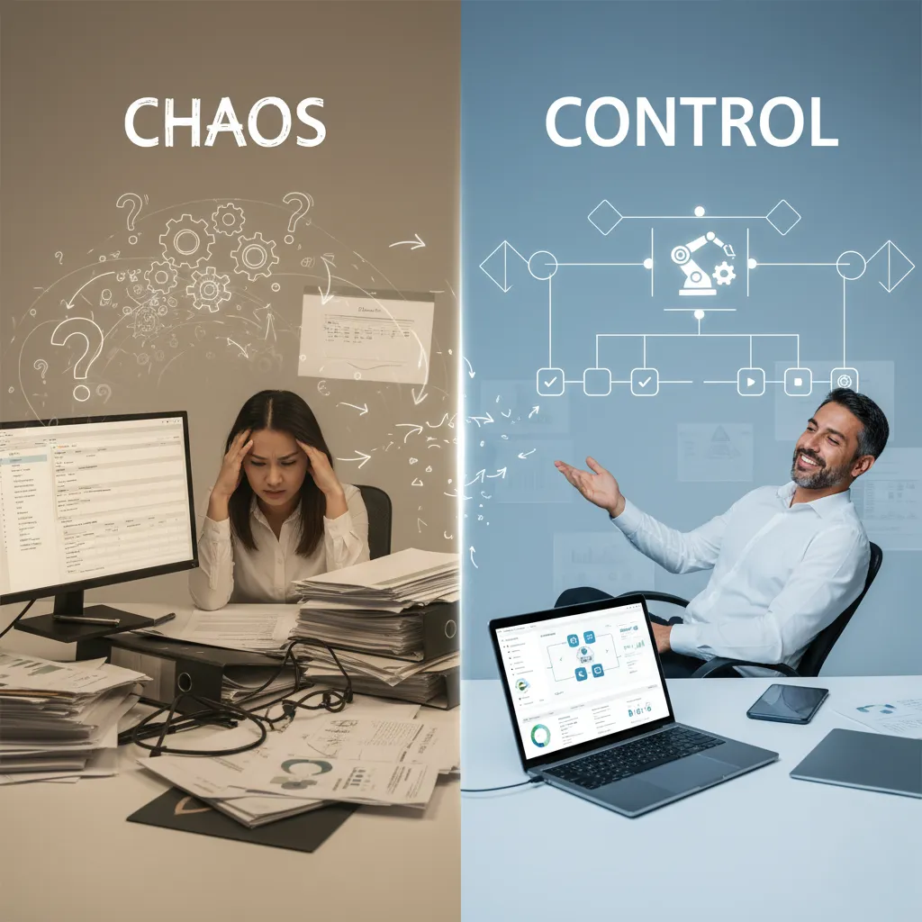 Split image: a stressed worker surrounded by paperwork under the word Chaos, and a relaxed worker at a laptop showing a workflow diagram under the word Control