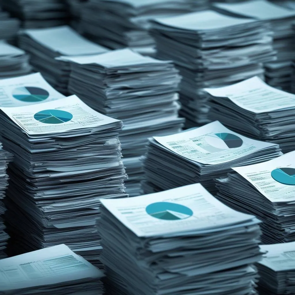 Stacks of printed reports with pie charts piled across a desk