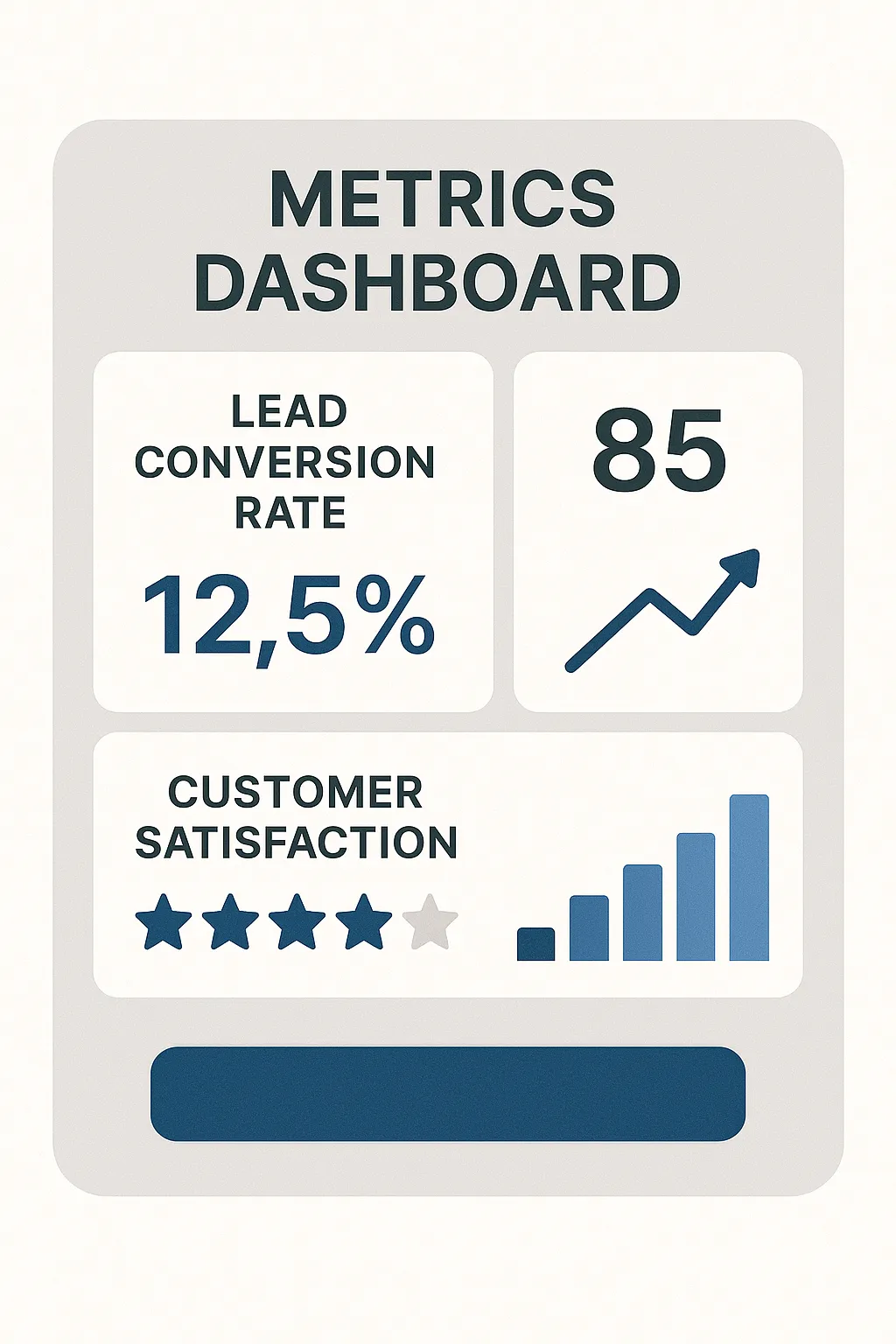 Illustrative metrics dashboard with tiles for lead conversion rate and customer satisfaction