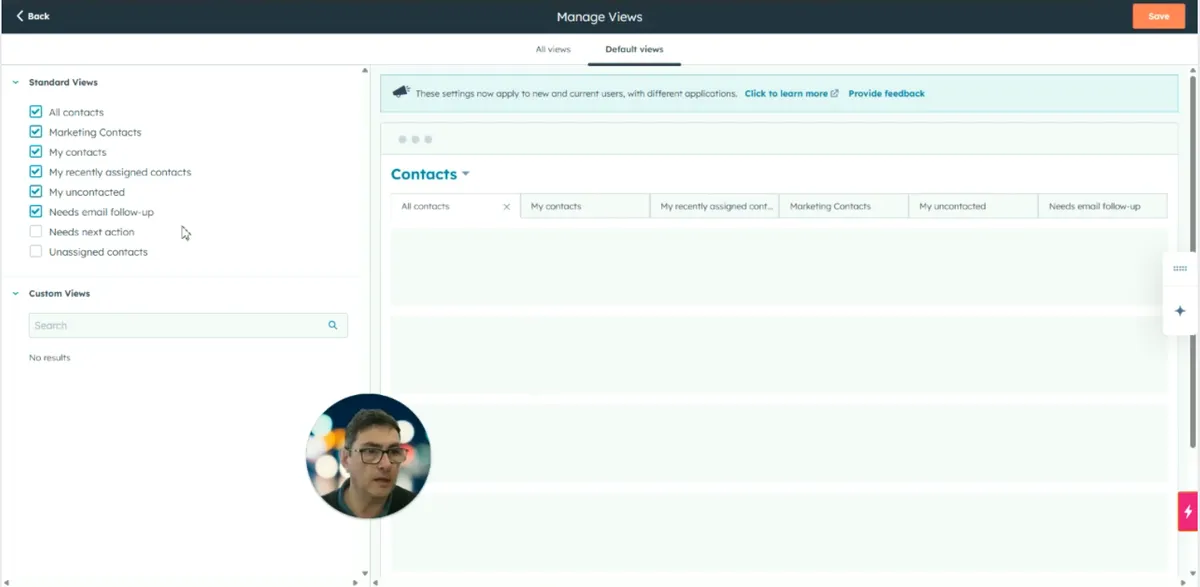 HubSpot's Manage Views screen, with standard contact views ticked on the left and a preview of the Contacts page tabs on the right
