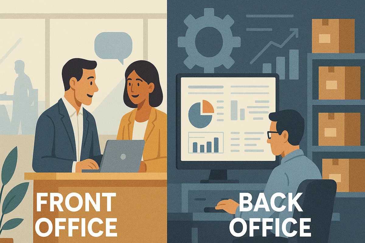 Illustration split in two: a salesperson and a client talking over a laptop labelled front office, and a colleague at a computer with charts and stock boxes labelled back office