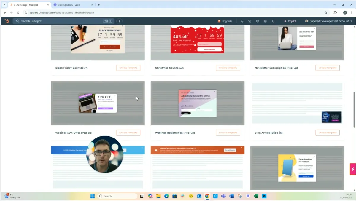 HubSpot's calls to action template gallery, showing pop-up templates such as Black Friday Countdown, Newsletter Subscription and Webinar Registration, with the presenter in a video inset