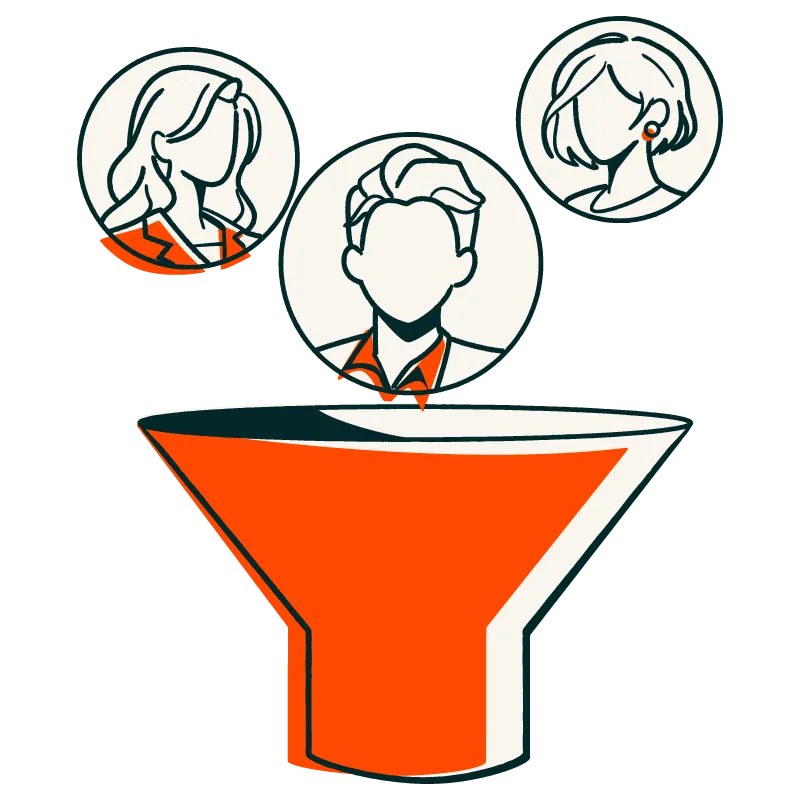 Illustration of three people in circular portraits above an orange sales funnel