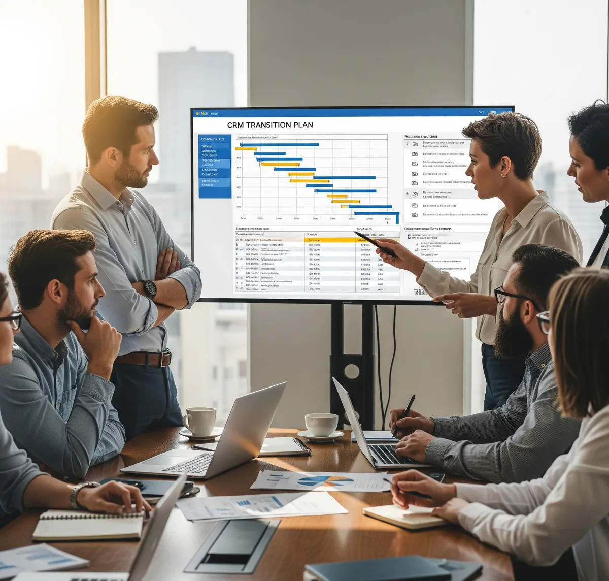 A team in a meeting room reviewing a CRM transition plan timeline on a large screen