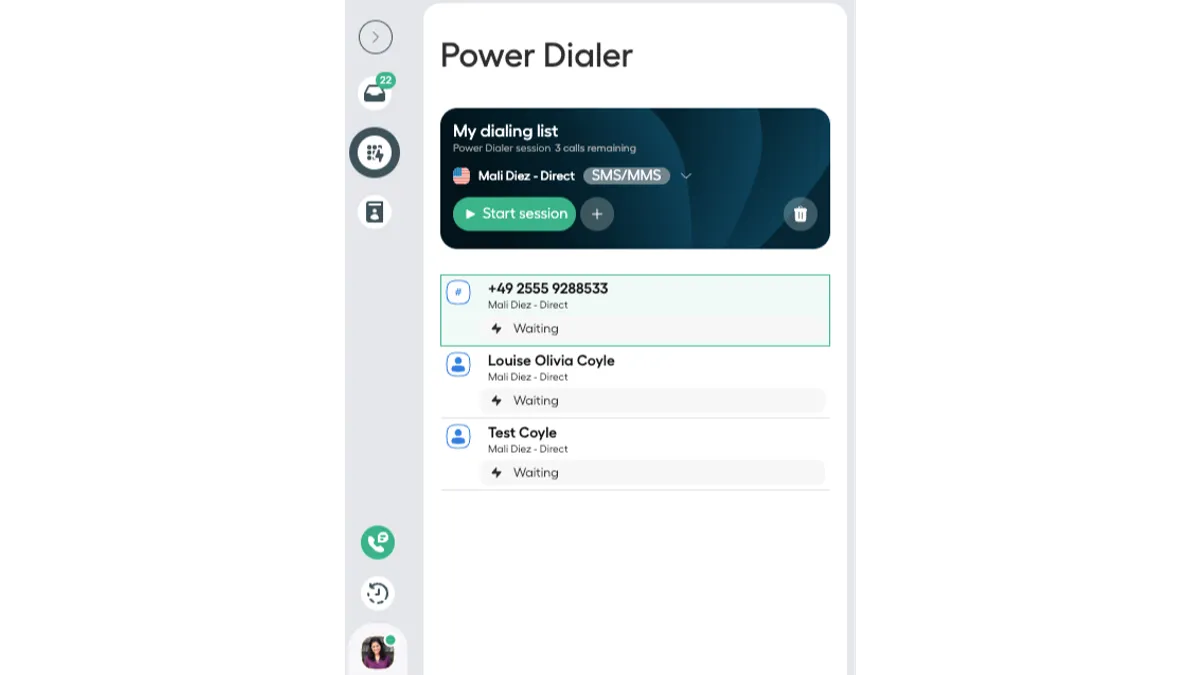 Aircall power dialer with a list of contacts to call