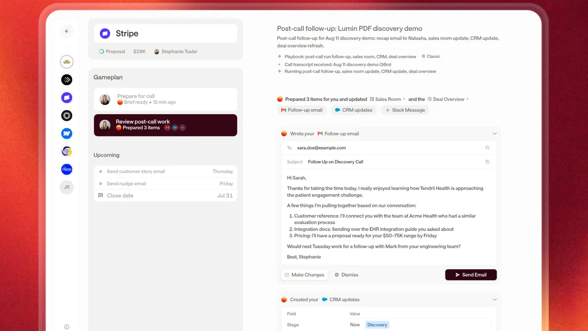 Arrows workspace with a drafted follow-up email and CRM updates after a call