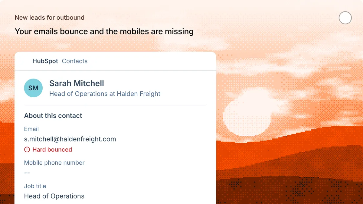 HubSpot contact with a bounced email and a missing mobile number