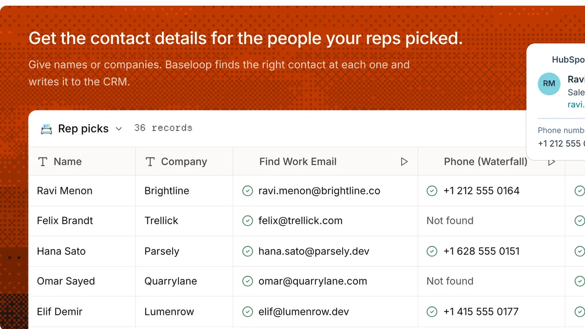 Baseloop table finding work emails and phone numbers for chosen contacts