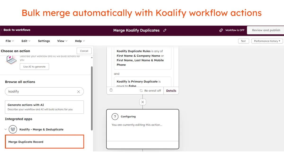 Koalify merge action in a HubSpot workflow