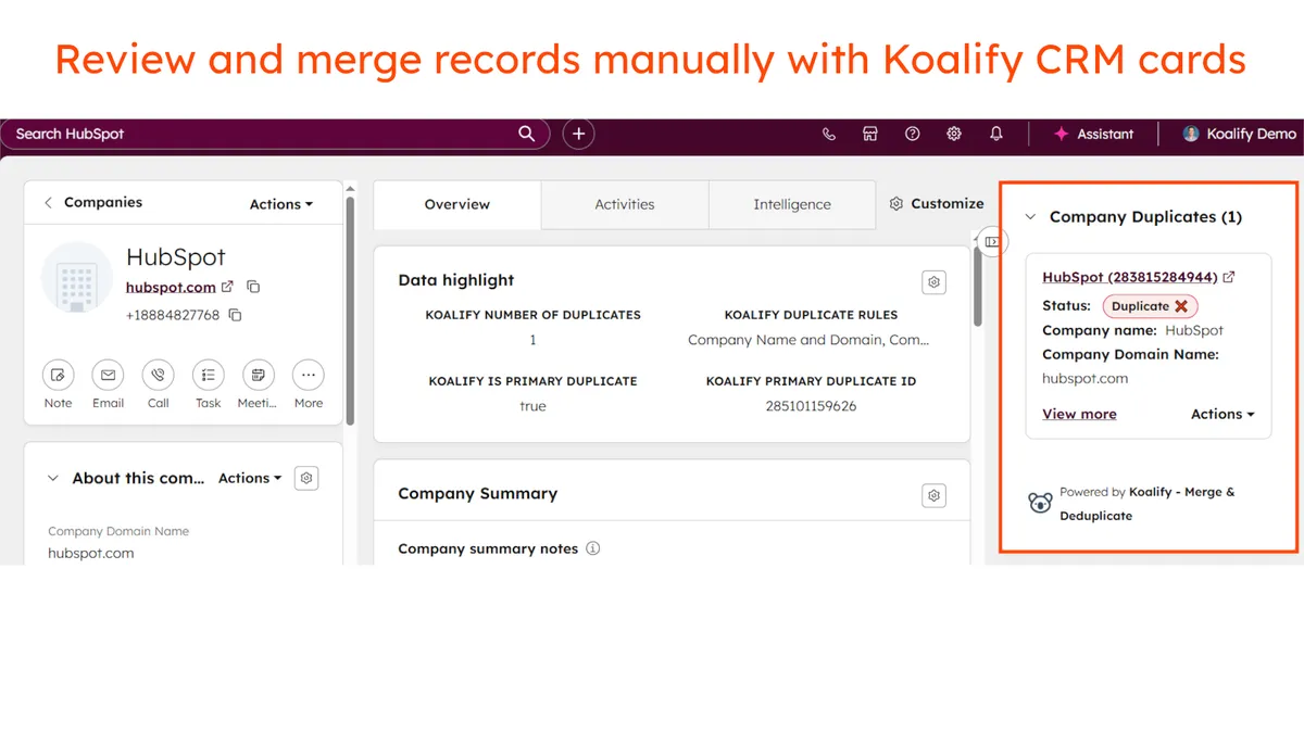 Koalify card on a HubSpot record suggesting a duplicate to merge