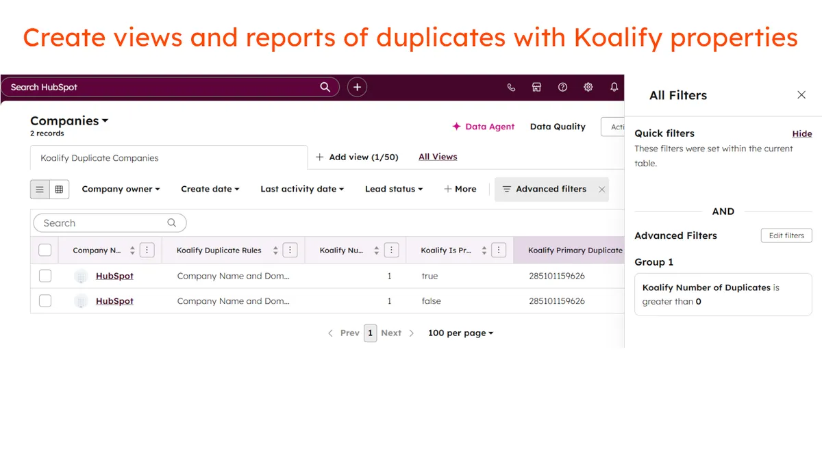 HubSpot view filtered by Koalify duplicate properties