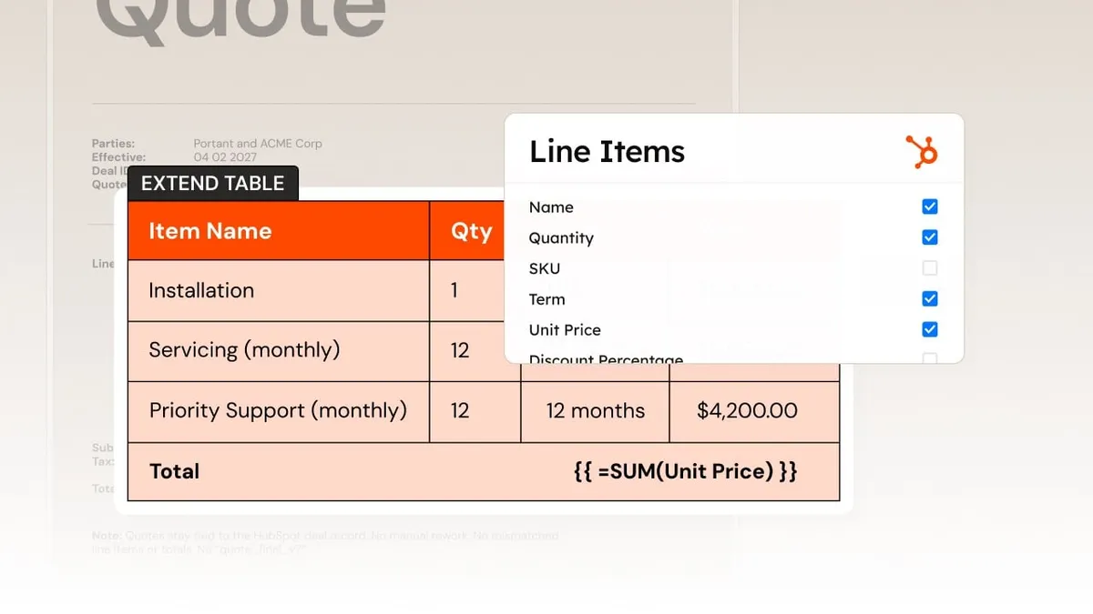 Portant quote template filled with HubSpot line items