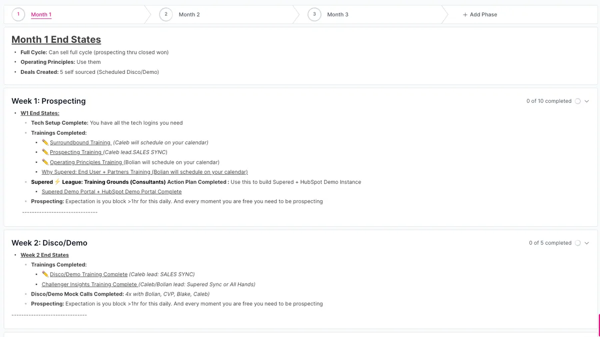 Supered action plan with weekly steps for a new starter