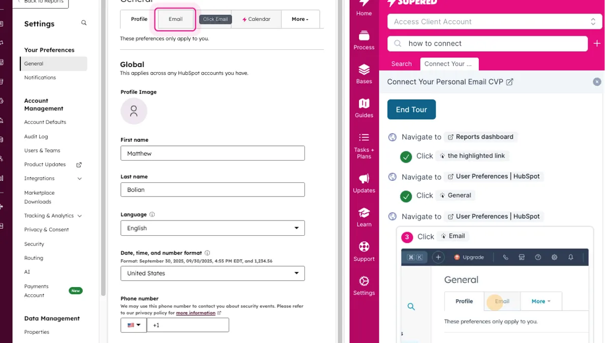 Supered in-app guide walking a user through steps in HubSpot